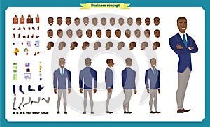 People character business set. Front, side, back view animated character. Black american Businessman character creation set.