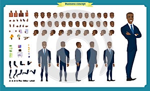 People character business set. Front, side, back view animated character. Black american Businessman character creation set.