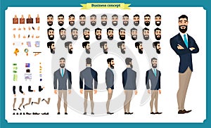 People character business set. Front, side, back view animated character. Businessman character