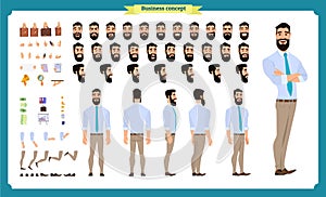 People character business set. Front, side, back view animated character. Businessman character