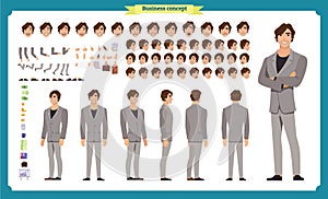 People character business set. Front, side, back view animated character.Businessman character creation set