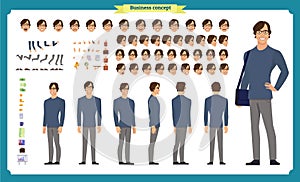 People character business set. Front, side, back view animated character.Businessman character creation set