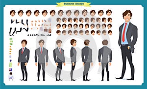 People character business set. Front, side, back view animated character. Businessman character creation set with