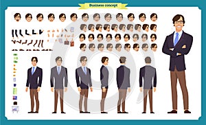 People character business set. Front, side, back view animated character. Businessman character creation set. simple, sketch, face