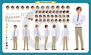 People character business set. Front, side, back view animated character.Businessman character creation set with various views