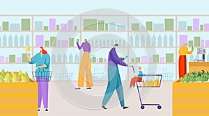 People character buy product in supermarket, foodstuff wooden shelving, grocery store flat vector illustration, fresh