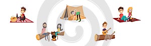 People Character Camping or Having Picnic Outdoor Vector Set