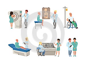 People Character with Cancer Diagnosis Having Medical Check and Treatment Vector Set