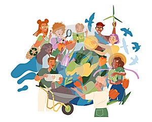 People Character Caring about Planet Gathering Near Earth Globe Saving Ecosystem Vector Illustration