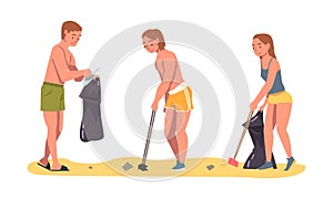 People Character Collecting Trash and Gathering Garbage from Beach Vector Set
