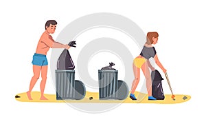 People Character Collecting Trash and Gathering Garbage from Beach Vector Set