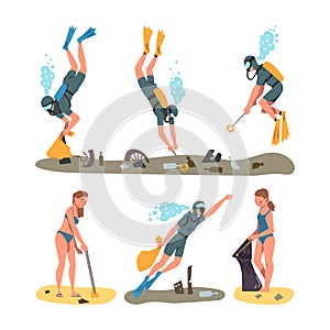 People Character Collecting Trash and Gathering Garbage from Beach Vector Set