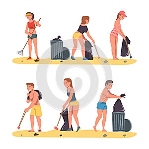 People Character Collecting Trash and Gathering Garbage from Beach Vector Set