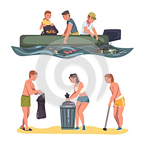 People Character Collecting Trash and Gathering Garbage from Beach Vector Set