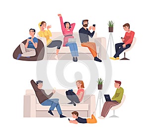 People Character with Digital Device Sitting on Sofa and Armchair Suffering from Internet Addiction Vector Set