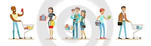 People Character Doing Shopping with Bag and Cart Vector Set