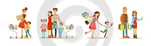People Character Doing Shopping with Bag and Cart Vector Set
