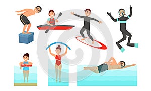 People Character Doing Water Active Sport. Summer Vector Illustrated Set