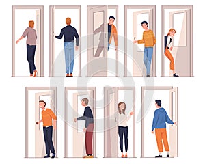 People Character at the Door Opening and Closing It Entering and Leaving Home Vector Illustration Set