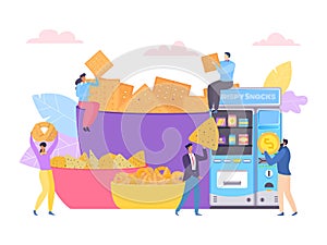 People character eat snack food, vector illustration. Cartoon tiny woman man person eating fresh baked chips production.