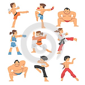 People Character Engaged in Combat Sport or Fighting Sport Competing Vector Illustration Set