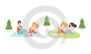 People Character Enjoying Picnic in Nature Sitting on Blanket and Grass Talking Vector Set