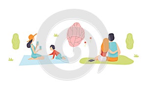 People Character Enjoying Picnic in Nature Sitting on Blanket and Grass Vector Set