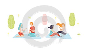 People Character Enjoying Picnic in Nature Sitting on Blanket and Talking Vector Set