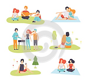 People Character Enjoying Picnic in Nature Sitting on Blanket and Talking Vector Set