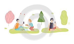People Character Enjoying Picnic in Nature Sitting on Grass Eating and Drinking Vector Set