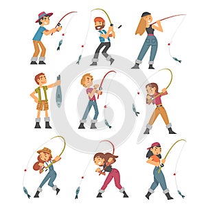People Character in Fisherman Boots with Angling Rod Fishing Vector Illustration Set