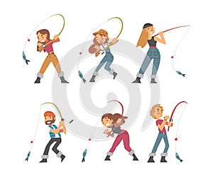 People Character in Fisherman Boots with Angling Rod Fishing Vector Illustration Set