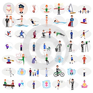 people character flat icon set with with professions, athletes and family