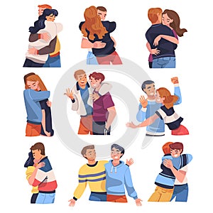 People Character Hugging and Embracing Each Other Expressing Friendly Feeling Vector Set