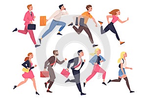 People Character Hurrying Running Fast Feeling Panic of Being Late Vector Illustration Set