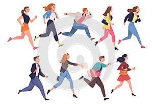 People Character Hurrying Running Fast Feeling Panic of Being Late Vector Illustration Set