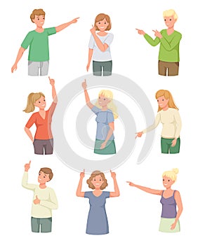 People Character Indicating Something Pointing with Index Finger as Hand Gesture Specifying Direction Vector Set