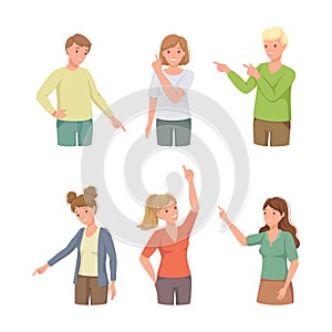 People Character Indicating Something Pointing with Index Finger as Hand Gesture Specifying Direction Vector Set