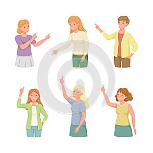 People Character Indicating Something Pointing with Index Finger as Hand Gesture Specifying Direction Vector Set