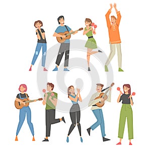 People Character Musician Conducting and Performing Music Playing Musical Instrument Vector Set