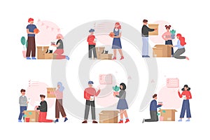 People Character Packing Cardboard Box Moving to New House Vector Set