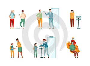 People Character During Pandemic Wearing Mask in Public, Hand Washing and Social Distancing Vector Set