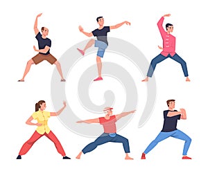 People Character Practicing Tai Chi and Qigong Exercise as Internal Chinese Martial Art Vector Illustration Set