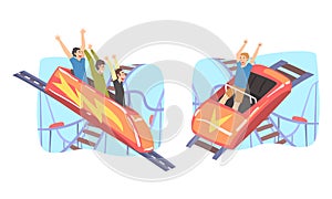 People Character Riding Roller Coaster Laughing Having Fun in Amusement Park Vector Set