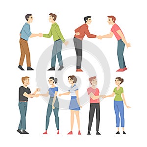 People Character Shaking Hand as Brief Greeting or Parting Tradition Vector Set