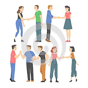 People Character Shaking Hand as Brief Greeting or Parting Tradition Vector Set