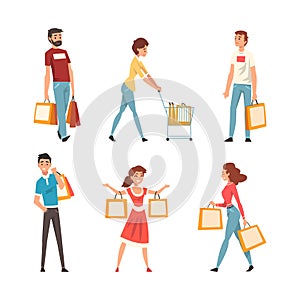 People Character with Shopping Bags Making Purchase in Shopping Mall Vector Set