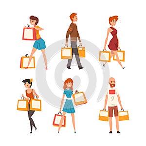 People Character with Shopping Bags Making Purchase in Shopping Mall Vector Set