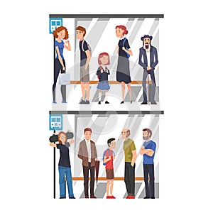 People Character Standing at Bus Stop Waiting for Public Transport Vector Set