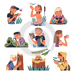People Character Studying Nature Exploring Flora and Fauna Vector Set